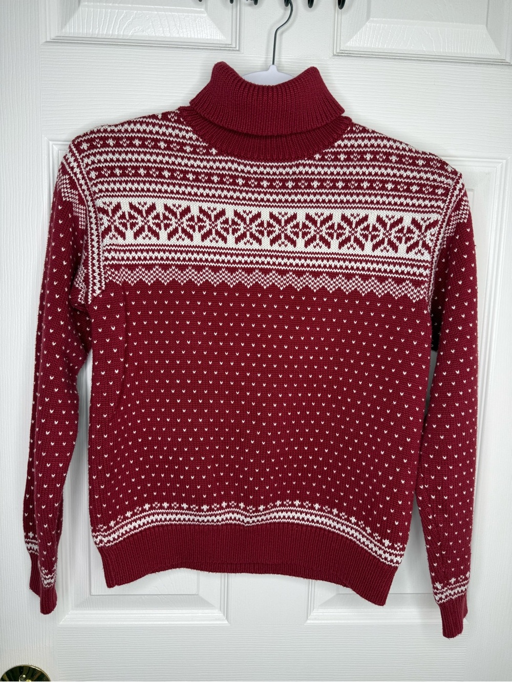 L.L.Bean Women’s XS 100% Cotton Fair Isle Turtleneck Sweater Burgundy Red